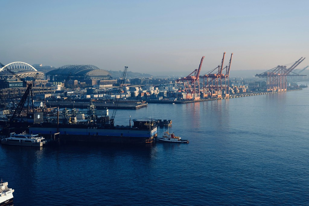 Johny Vino nature photograph of harbor cranes at blue hour